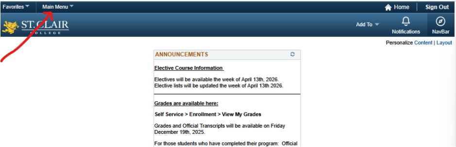 SIS Homepage with red arrow pointing to "Main Menu" to start navigation to form.