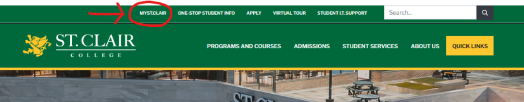 View of top portion of stclaircollege.ca homepage with a red circle and arrow indicating the MYST.CLAIR login. Click here on the actual page to advance to the login page.