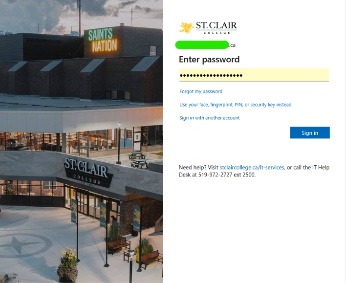 MYST.CLAIR login screen. Username is covered in green and shows the end with ".ca". The password is hidden with black dots. Sign in button is below this area in blue with white text.