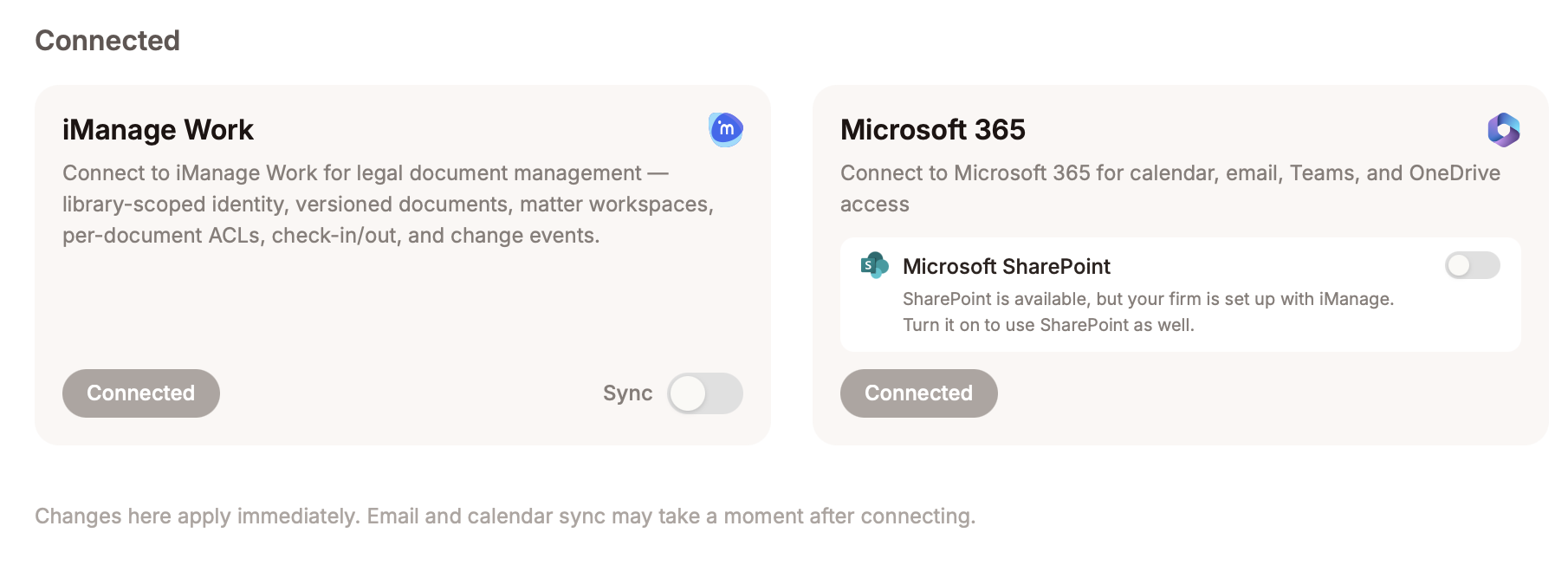 Dialogica Connected integrations showing iManage Work, Microsoft 365, a Sync toggle, and an optional SharePoint toggle