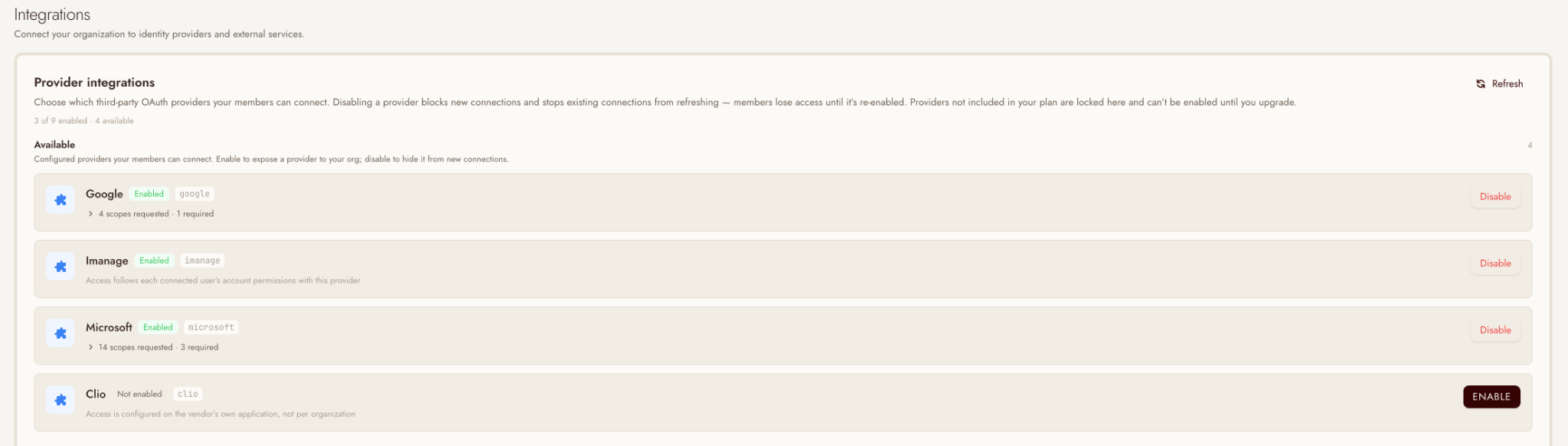 Dialogica Admin Portal Integrations page showing enabled and available provider integrations