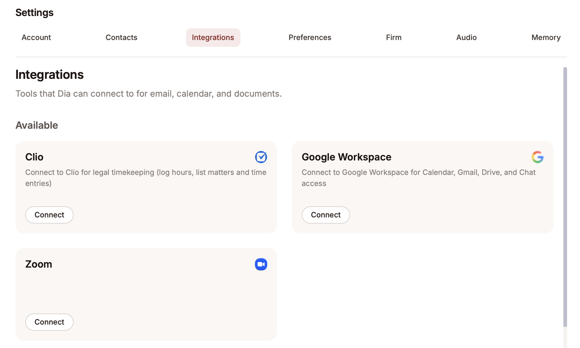 Dialogica Settings Integrations page showing available Clio, Google Workspace, and Zoom integrations