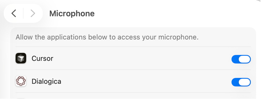 Title: macOS Microphone privacy setting with the Dialogica toggle enabled - Description: macOS Microphone privacy setting with the Dialogica toggle enabled