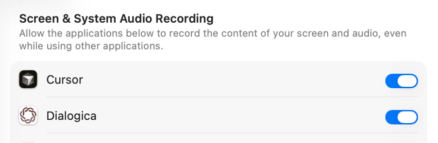Title: macOS Screen and System Audio Recording privacy setting with the Dialogica toggle enabled - Description: macOS Screen and System Audio Recording privacy setting with the Dialogica toggle enabled