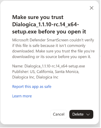 Title: Microsoft Edge trust pane showing the Dialogica installer and Dialogica Inc as the publisher - Description: Microsoft Edge trust pane showing the Dialogica installer and Dialogica Inc as the publisher