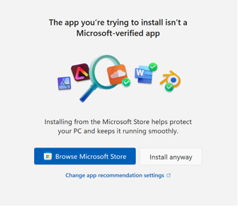 Title: Windows prompt stating that the app is not Microsoft-verified and showing an Install anyway button - Description: Windows prompt stating that the app is not Microsoft-verified and showing an Install anyway button
