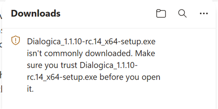 Title: Microsoft Edge Downloads panel showing that the Dialogica installer is not commonly downloaded - Description: Microsoft Edge Downloads panel showing that the Dialogica installer is not commonly downloaded