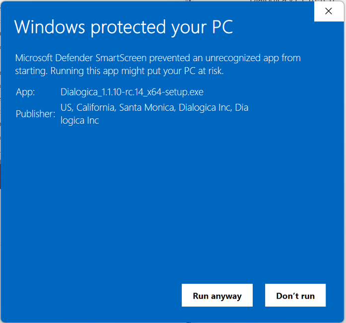 Title: Windows protected your PC prompt showing the Dialogica installer, Dialogica Inc publisher, and Run anyway button - Description: Windows protected your PC prompt showing the Dialogica installer, Dialogica Inc publisher, and Run anyway button