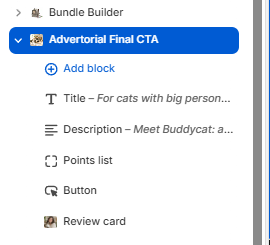 Advertorial Final CTA blocks panel showing Add block, Title, Description, Points list, Button, and Review card