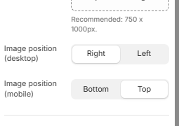 Image position toggles for desktop (Right/Left) and mobile (Bottom/Top)