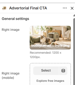 General settings panel showing Right image and Right image (mobile) upload fields