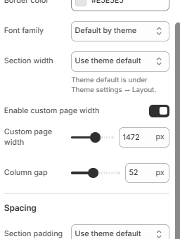Layout and spacing settings showing Font family, Section width, Enable custom page width, Custom page width, Column gap, and Section padding