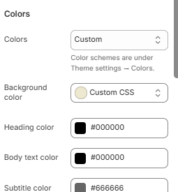 Colors panel showing Colors, Background color, Heading color, Body text color, and Subtitle color settings