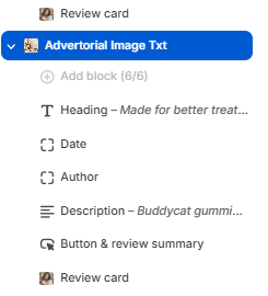 Advertorial Image Txt blocks panel showing Heading, Date, Author, Description, Button and review summary, and Review card
