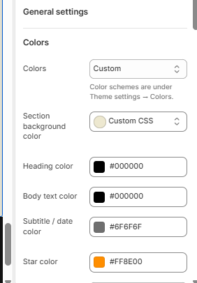 Colors panel showing Section background color, Heading color, Body text color, Subtitle/date color, and Star color