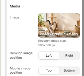 Media settings showing Image upload and Desktop/Mobile image position toggles