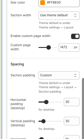 Layout and spacing settings showing Section width, Enable custom page width, Custom page width, Section padding, and horizontal/vertical padding controls