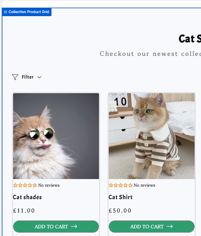 Collection page showing Cat Stuff collection with product cards for Cat shades and Cat Shirt, each with a green Add to Cart button