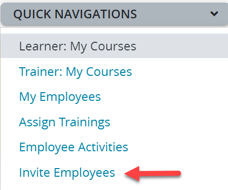 Screenshot of the Quick Navigations tab with an arrow pointing to "Invite Employees".