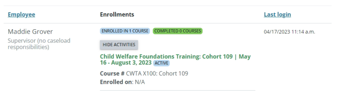 Screenshot of student current enrollments.