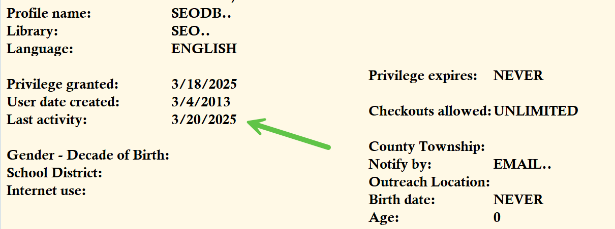 WorkFlows patron details display showing the Last Activity Date field.