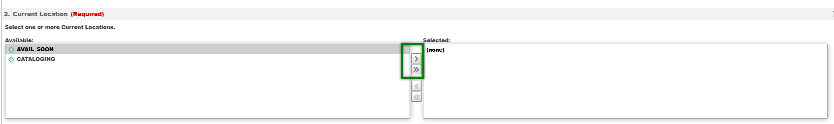 Location prompt window highlighting AVAIL_SOON and CATALOGING options