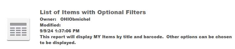 Selecting the Items with Notes report in BlueCloud Analytics