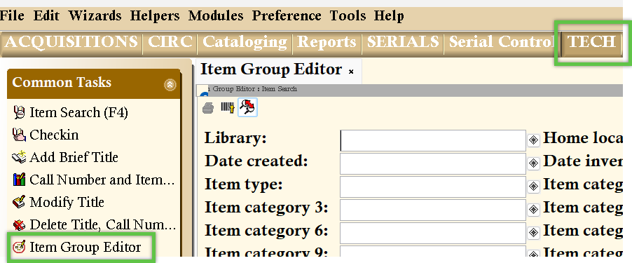 The Item Group Editor icon in the TECH toolbar