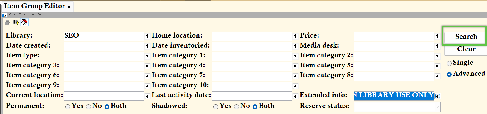 The Search button in the Item Group Editor
