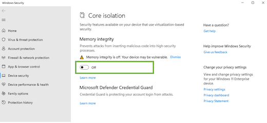 Core isolation settings page with memory integrity toggle