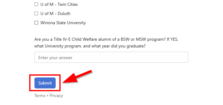 Red box and arrow pointing to the Submit button indicating to select after filling the form.