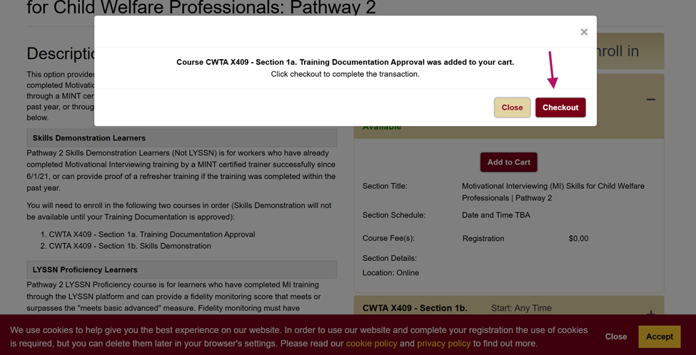 Arrow pointing to the Checkout button on popup