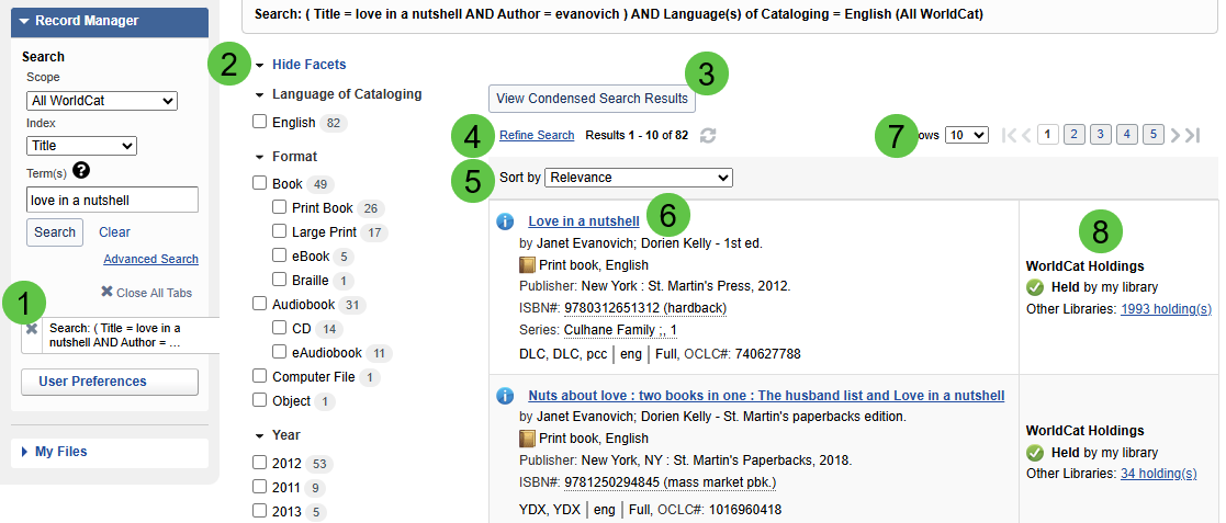 Comprehensive view of the Search Results screen with numbered markers for different UI elements