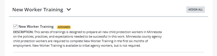 Screenshot of assign trainings page with the New Worker Training bundle selected.
