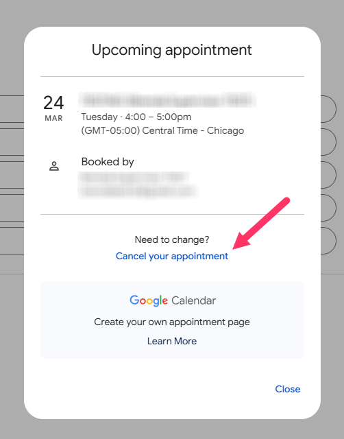 Appointment cancelation pop-up