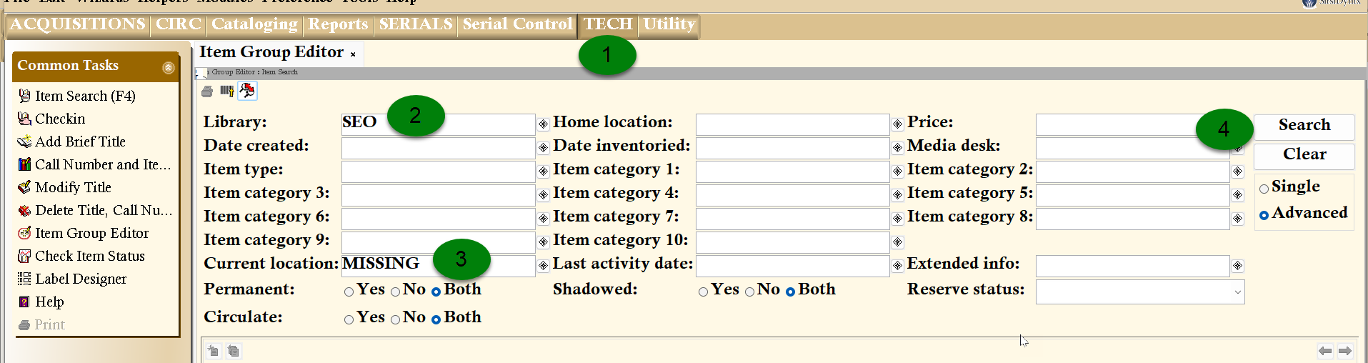 Item Group Editor search interface with Library code and MISSING location entered