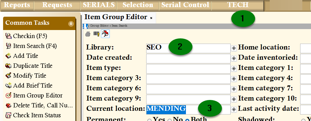 Item Group Editor search interface with Library code and MENDING location entered