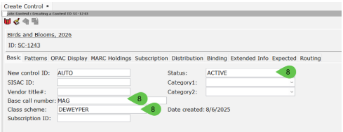 The Basic tab window showing general control record settings
