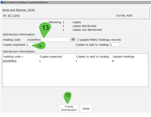 A screenshot detailing the location of Holding Code, Copies Expected, and Create Distribution butotn.