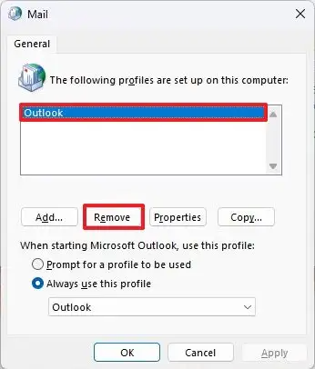 Outlook delete profile