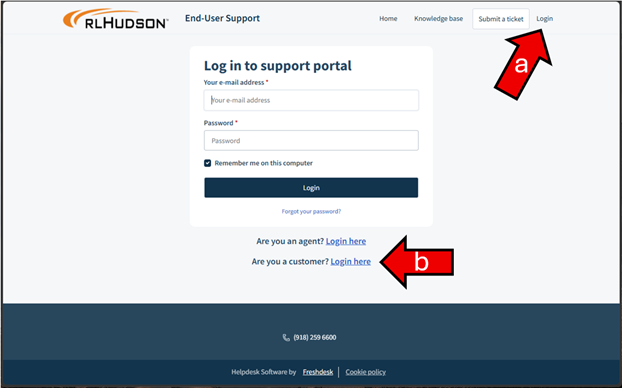 The image displays the login page for Hulster's support portal, featuring fields for email, password, and account selection.
AI-generated content may be incorrect.