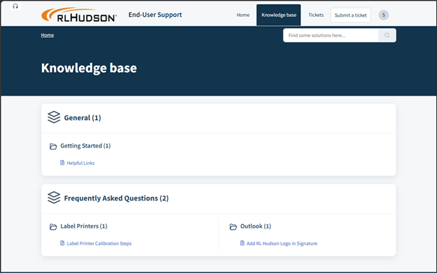 The image shows a user interface for HLU's (Hudson Logistics) support section, featuring various tabs for submitting tickets, accessing the knowledge base, and finding solutions.
AI-generated content may be incorrect.