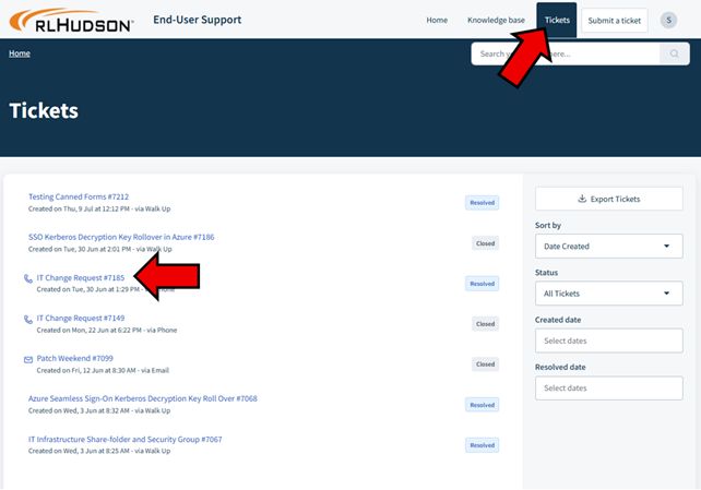 The image shows a webpage interface with a navigation bar featuring links to 'Home', 'Knowledge Base', and 'Tickets', along with various ticket entries, their statuses, and creation/resolution dates.
AI-generated content may be incorrect.