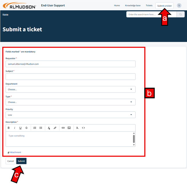 The image displays a user interface for submitting a support ticket, with fields for requester information, subject, priority, description, and an attachment option.
AI-generated content may be incorrect.