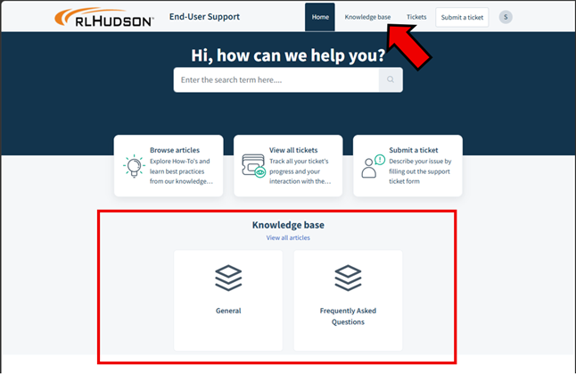 The image is a webpage for HUDSON's End-User Support, featuring a search bar, a knowledge base, ticket submission, and various help resources.
AI-generated content may be incorrect.