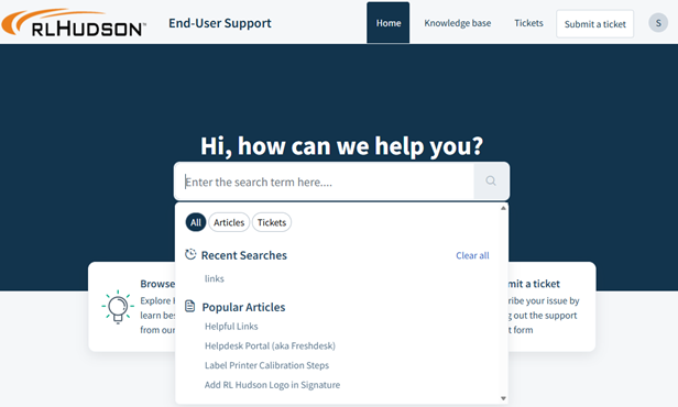 The image shows a user interface for RLHUDSON's Helpdesk portal, featuring sections for submitting tickets, searching help articles, and other support resources.
AI-generated content may be incorrect.
