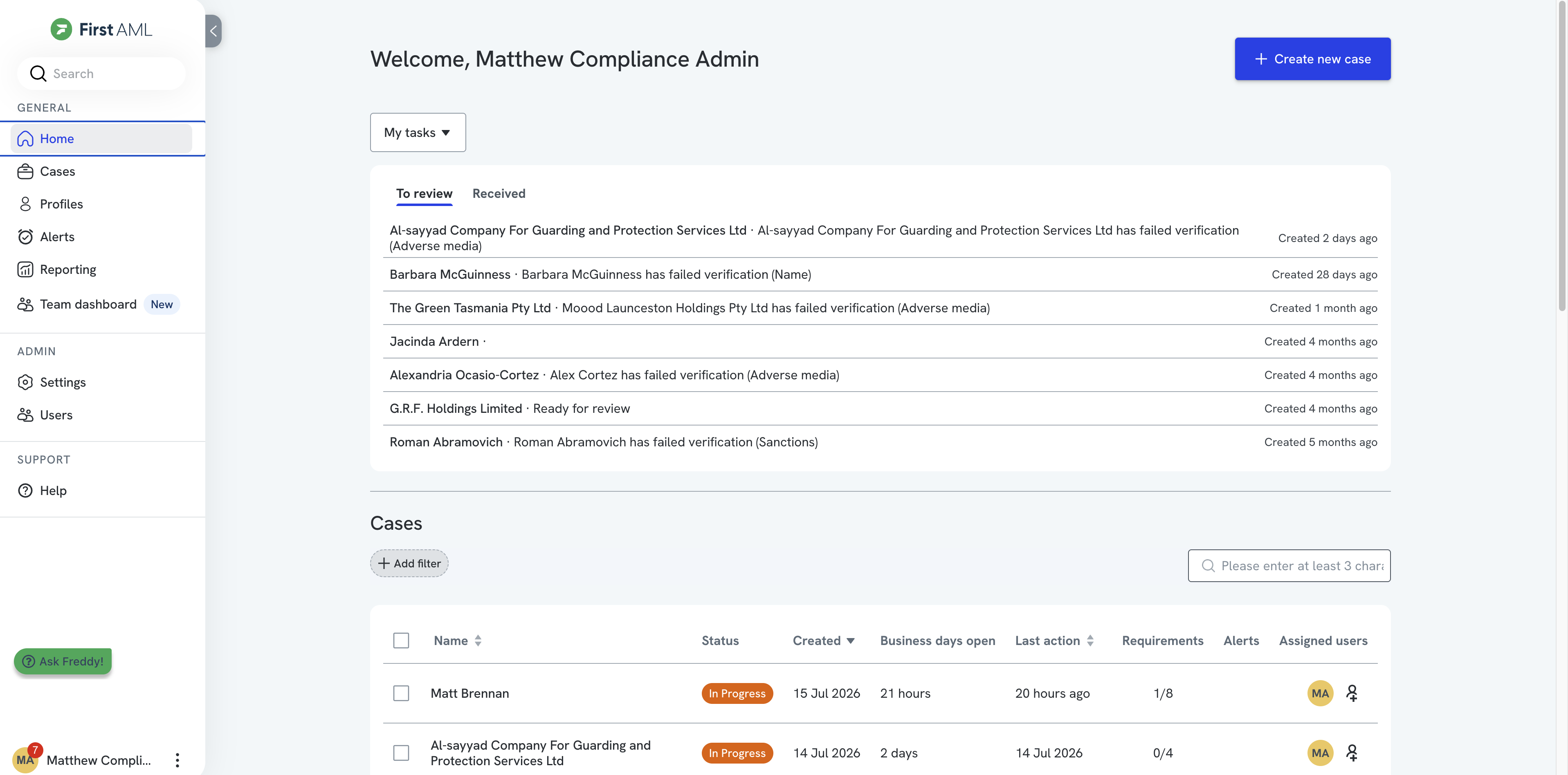 The First AML home screen showing the My tasks panel and Cases table for a Compliance Admin.