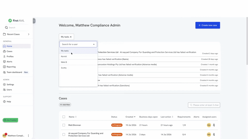 Selecting another user from the My tasks filter to view their outstanding tasks.
