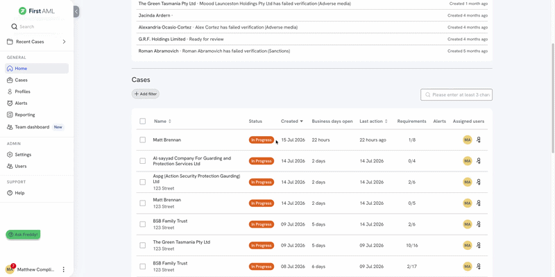 Filtering the Cases table on the home screen by office and case status.
