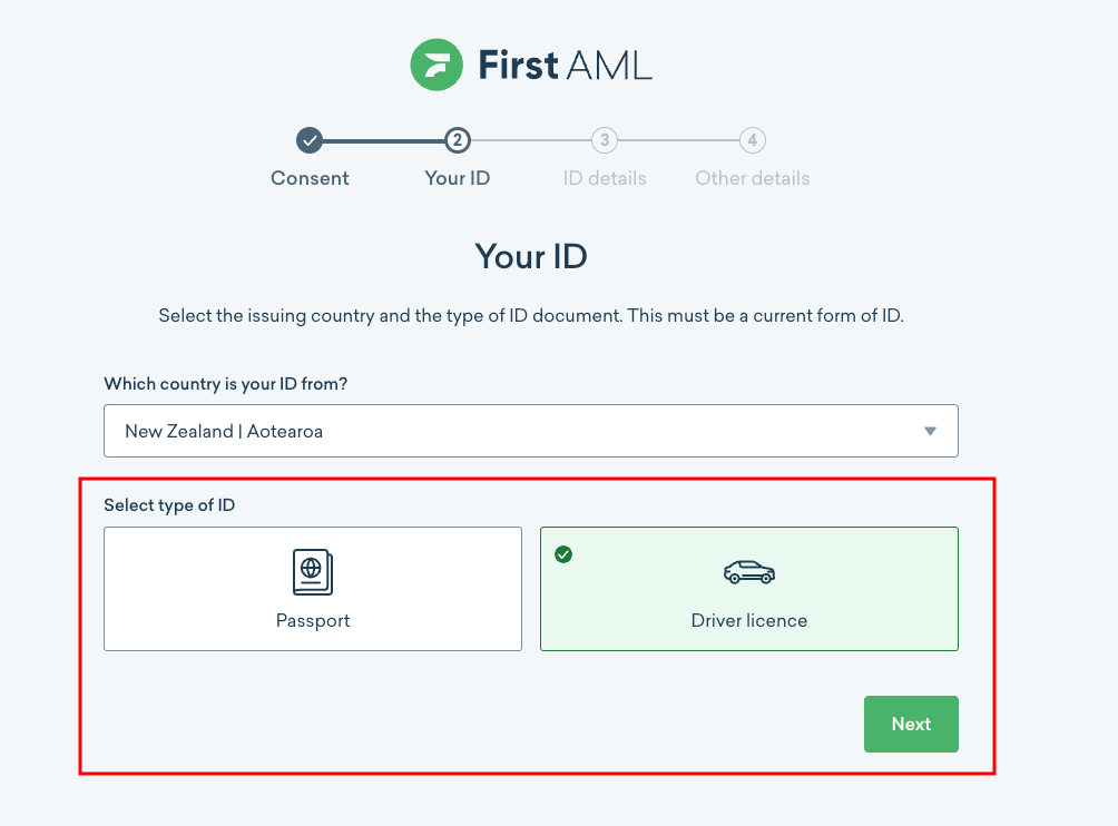 Country selector and ID type options: Passport, Driver Licence, National ID.